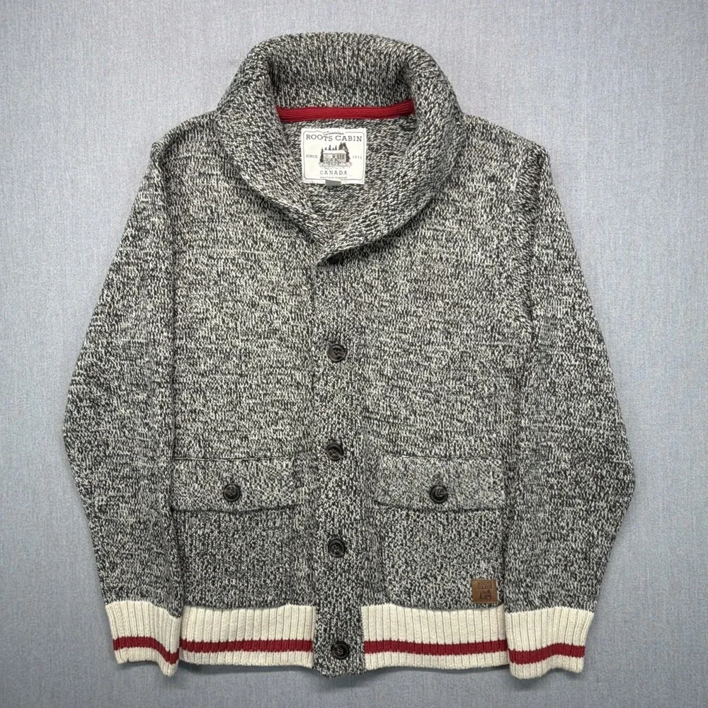 Roots Cabin Cardigan Knit Sweater Shawl Collar Mens L Canada Gray Oat